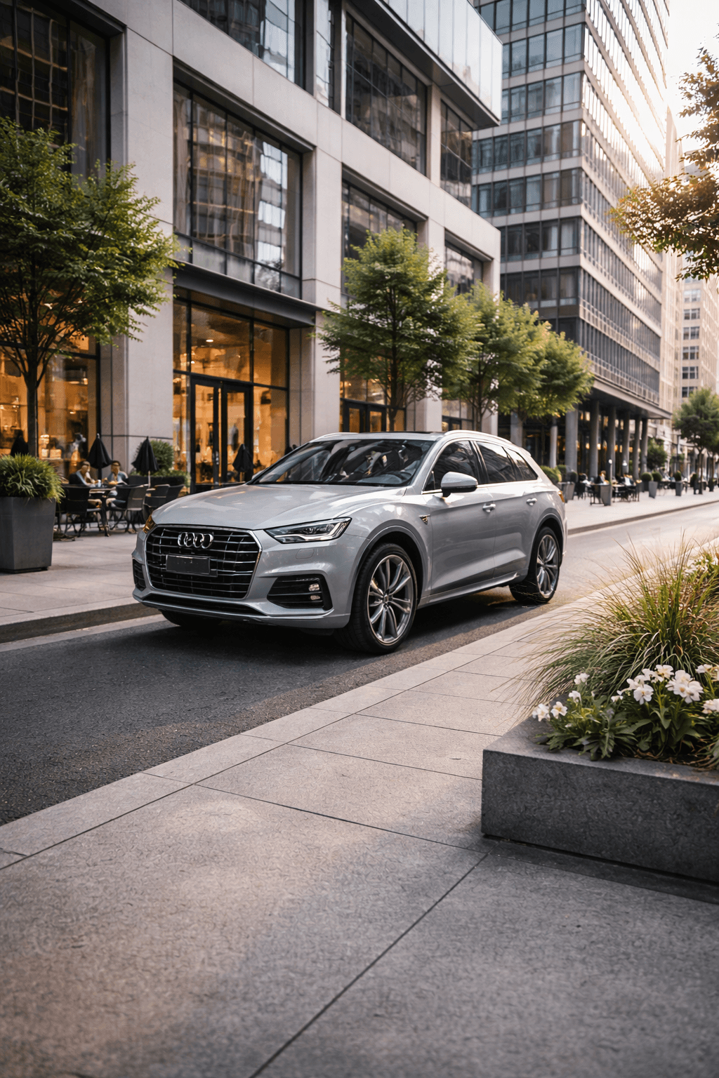 A modern vehicle parked on a calm urban street, reflecting premium care as part of everyday city life